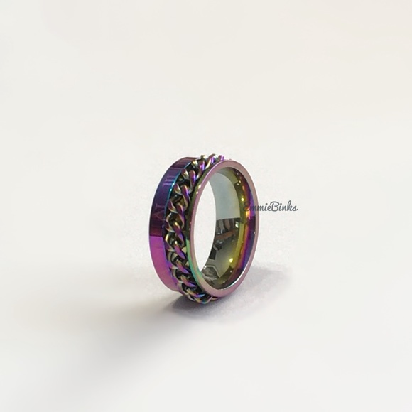 NEW SIZES 8mm Oil Slick Chain Spinner Ring Unisex Stainless Steel Roman Numerals - Picture 9 of 16